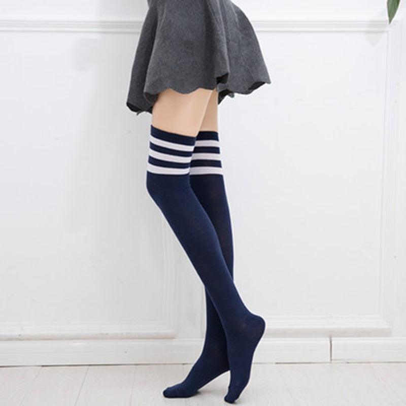 School Uniform Thigh High Striped Sock Collection - Navy w/ Three White Stripes Socks - Femboy Fatale