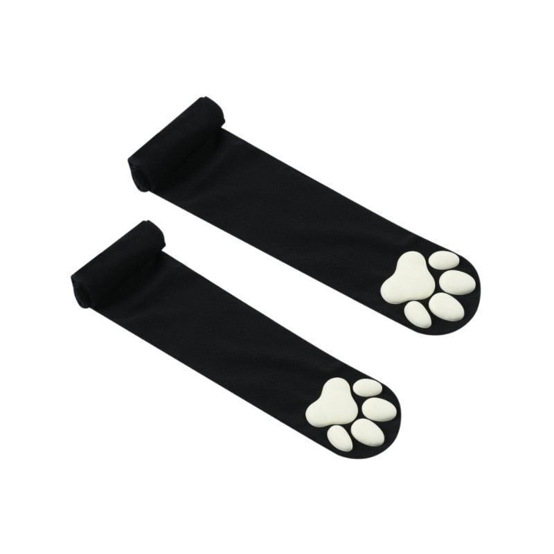 Cat Paw Thigh High Socks - Black w/ White Pads Socks - Femboy Fatale