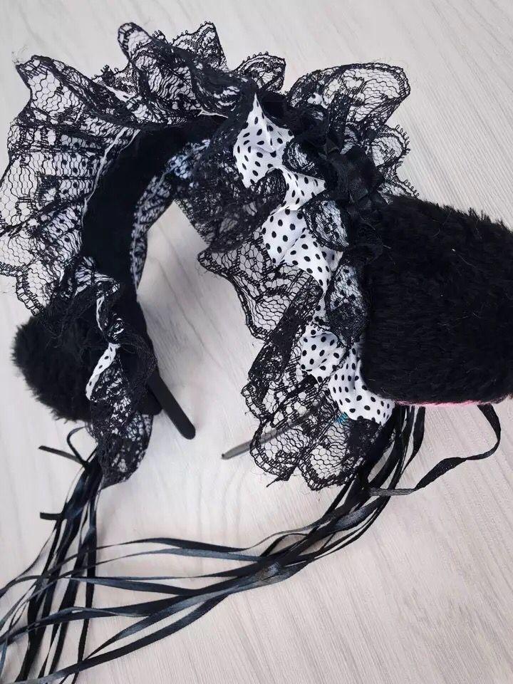 Cat Ears with Lace and Bell - Black with Polka Dots Headband - Femboy Fatale