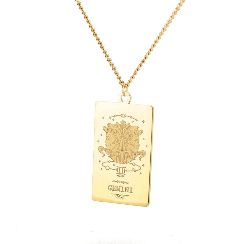 Zodiac Engraved Plate Pendant - Gemini Gold Pendant - Femboy Fatale