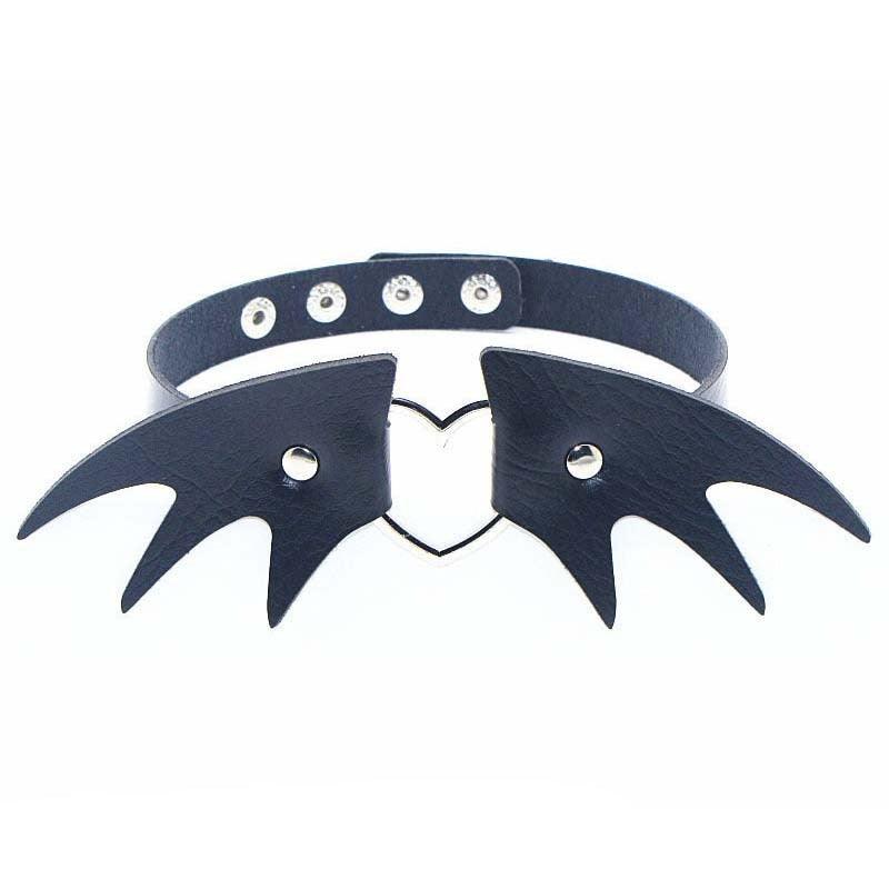 Black Leather Gothic Choker Collection - Heart Wing Choker - Femboy Fatale