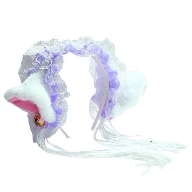 Cat Ears with Lace and Bell - White with Purple Highlight Headband - Femboy Fatale