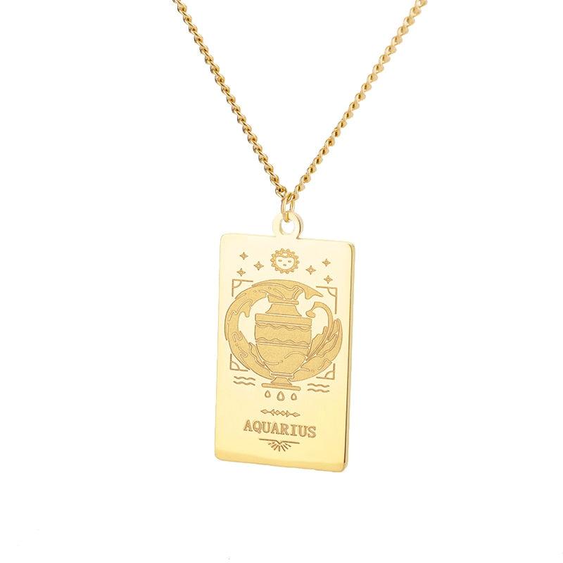 Zodiac Engraved Plate Pendant - Aquarius Gold Pendant - Femboy Fatale