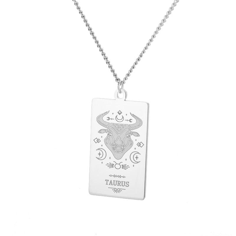 Zodiac Engraved Plate Pendant - Taurus Silver Pendant - Femboy Fatale
