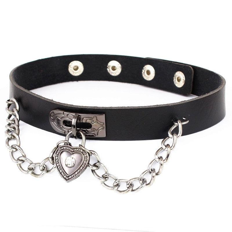 Black Leather Gothic Choker Collection - Chain Heart Choker - Femboy Fatale