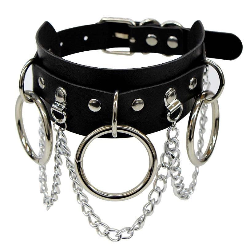 Black Leather Gothic Choker Collection - Chain Ring Choker - Femboy Fatale