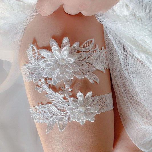 Floral Lace Garters - White Intricate Double Garter Garters - Femboy Fatale