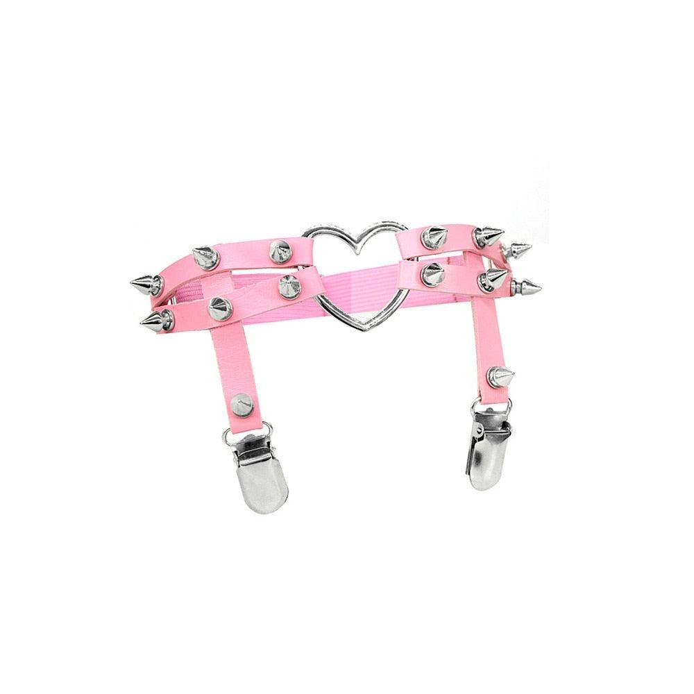 Pink Gothic Leather Garter Collection - Spiky Heart Garters - Femboy Fatale