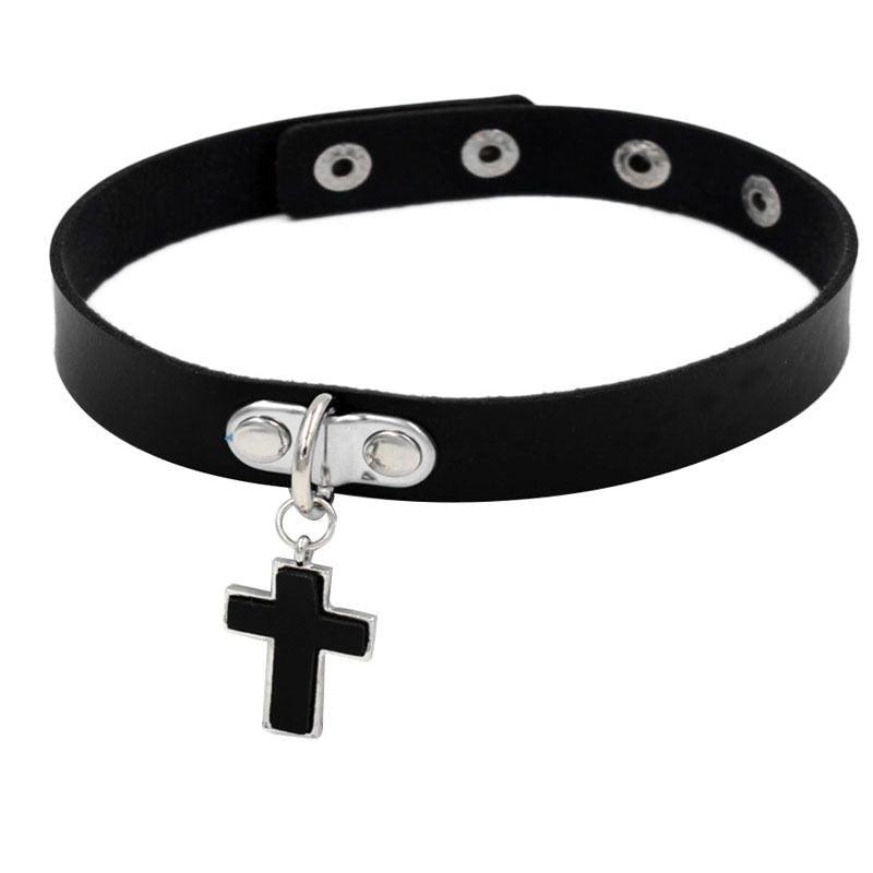 Black Leather Gothic Choker Collection - Cross Choker - Femboy Fatale