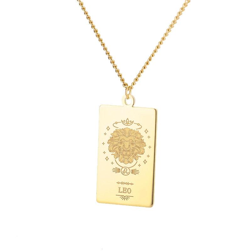 Zodiac Engraved Plate Pendant - Leo Gold Pendant - Femboy Fatale