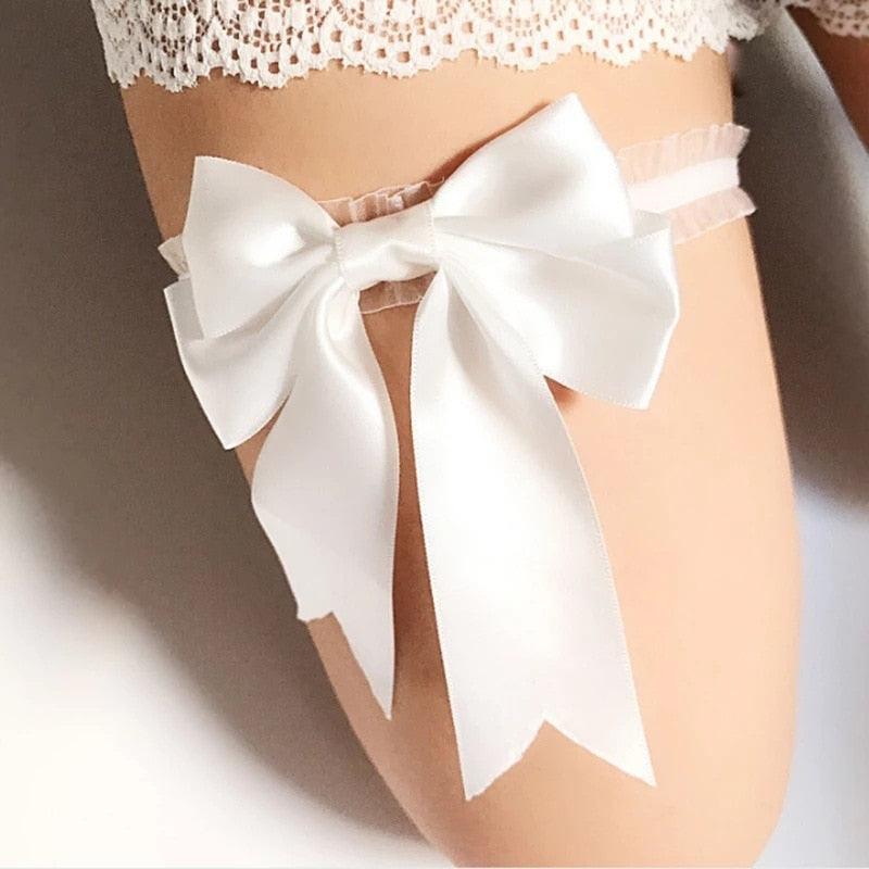 Lace Garters with Large Ribbon - White Garters - Femboy Fatale