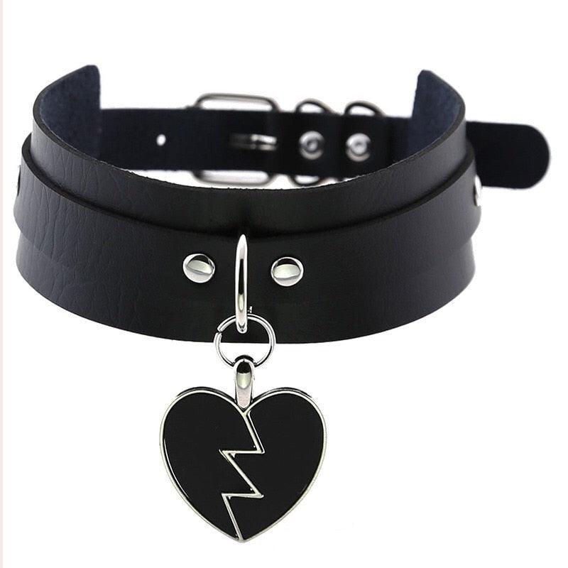 Black Leather Gothic Choker Collection - Heart SD Choker - Femboy Fatale