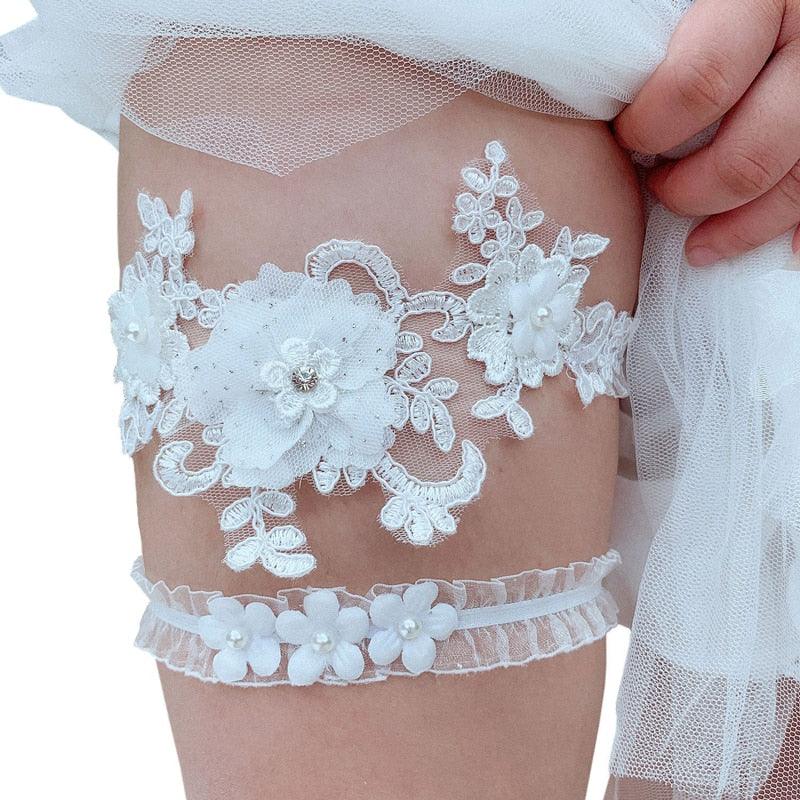 Floral Lace Garters - White Intricate Double Garter 2 Garters - Femboy Fatale
