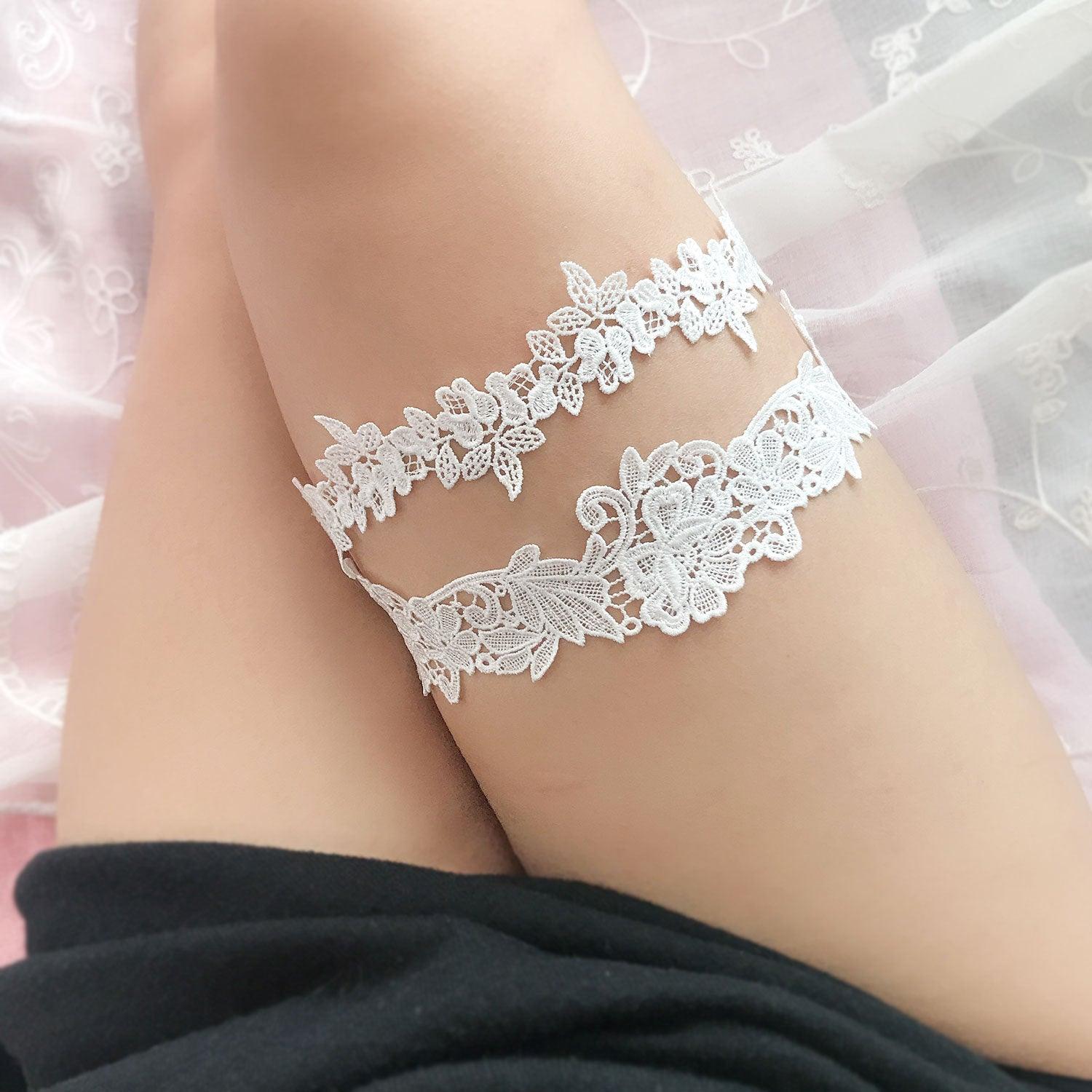 Floral Lace Garters - White Simple Double Garter Garters - Femboy Fatale