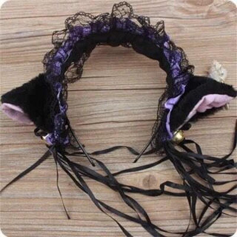 Cat Ears with Lace and Bell - Black with Purple Highlight Headband - Femboy Fatale