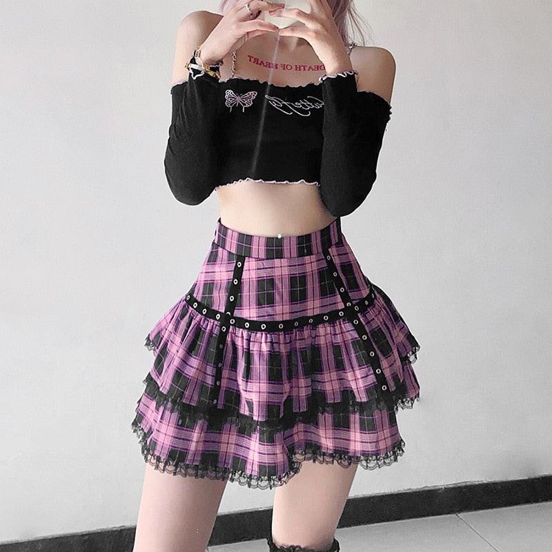 Gothic Pink Plaid Skirt - Skirt - Femboy Fatale