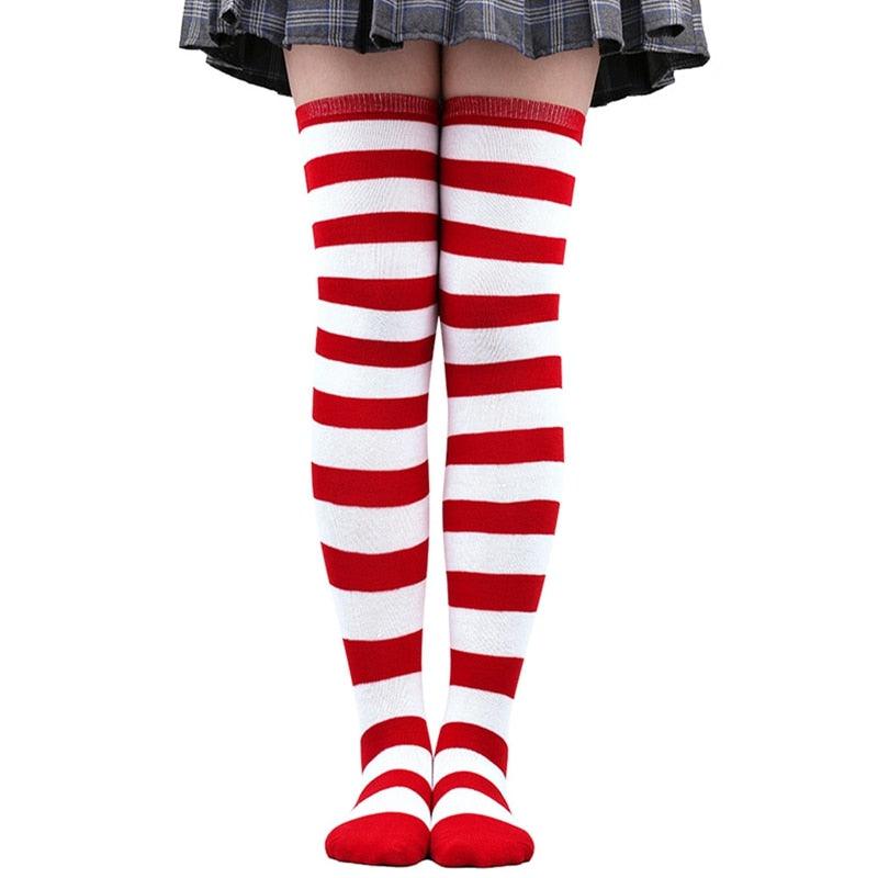 Thick Striped Thigh High Socks - Red & White Accessory - Femboy Fatale