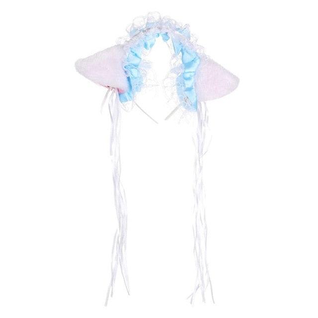 Cat Ears with Lace and Bell - White with Blue Highlight Headband - Femboy Fatale