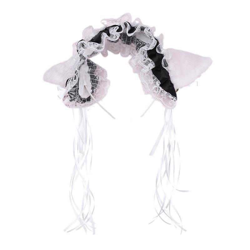 Cat Ears with Lace and Bell - Black with White Lace Headband - Femboy Fatale