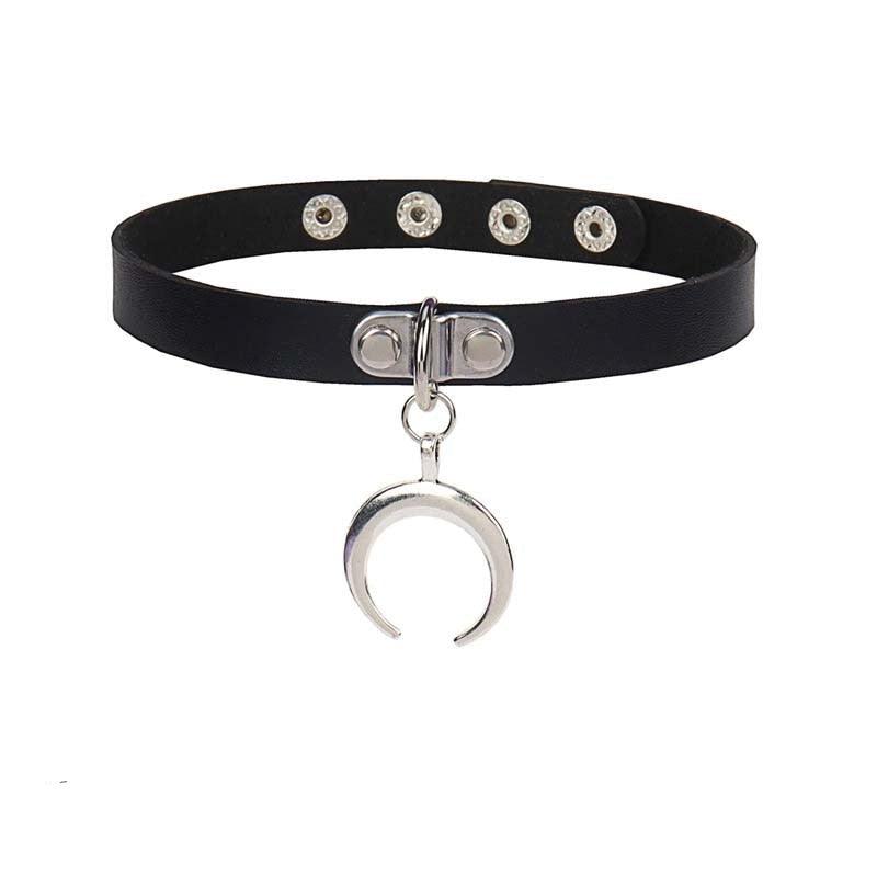 Black Leather Gothic Choker Collection - Moon Choker - Femboy Fatale