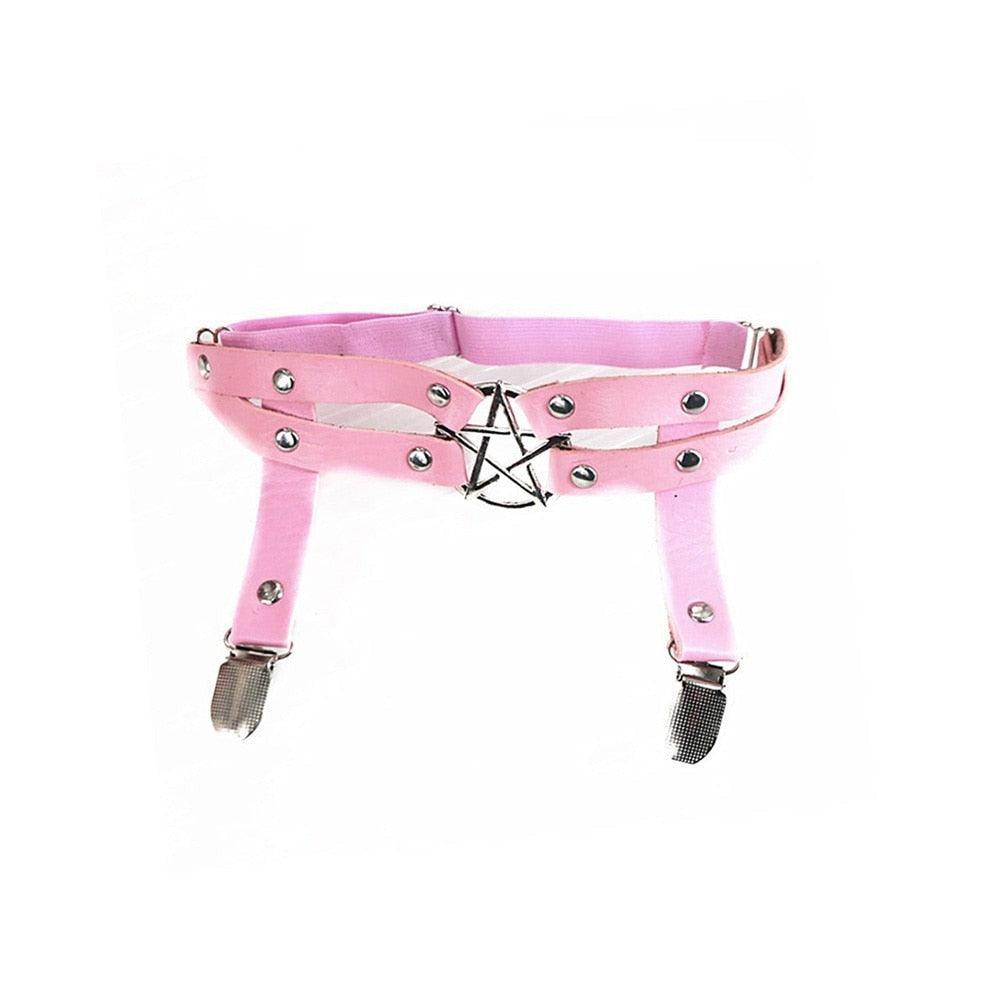 Pink Gothic Leather Garter Collection - Star w/ Clips Garters - Femboy Fatale