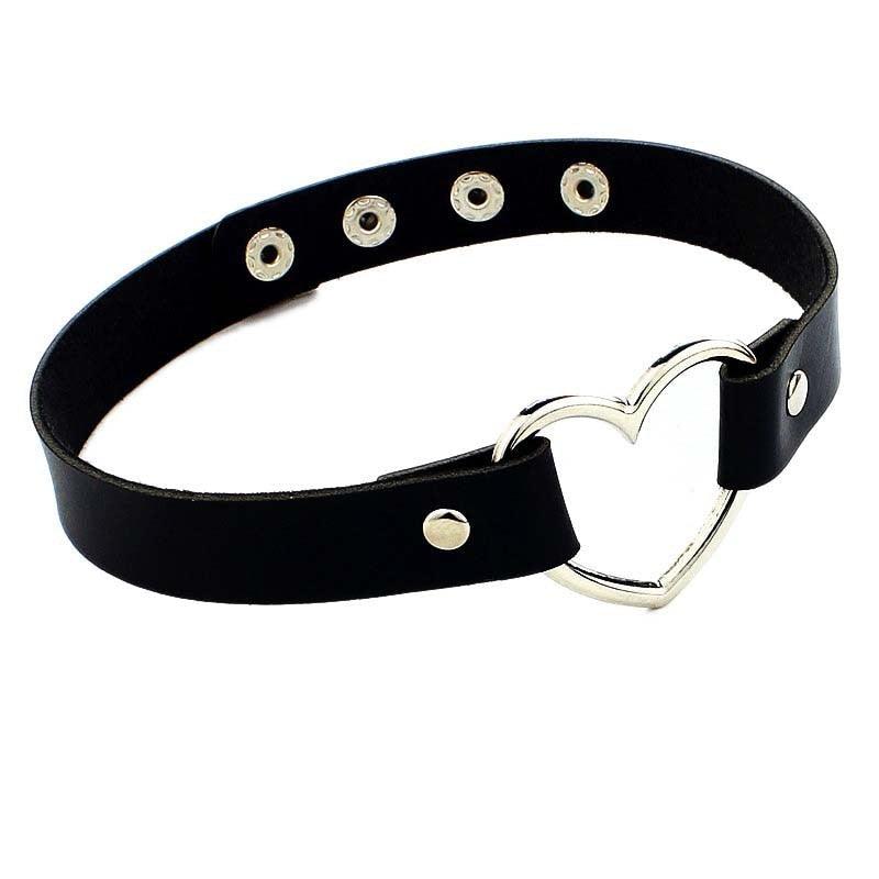 Black Leather Gothic Choker Collection - Heart Choker - Femboy Fatale