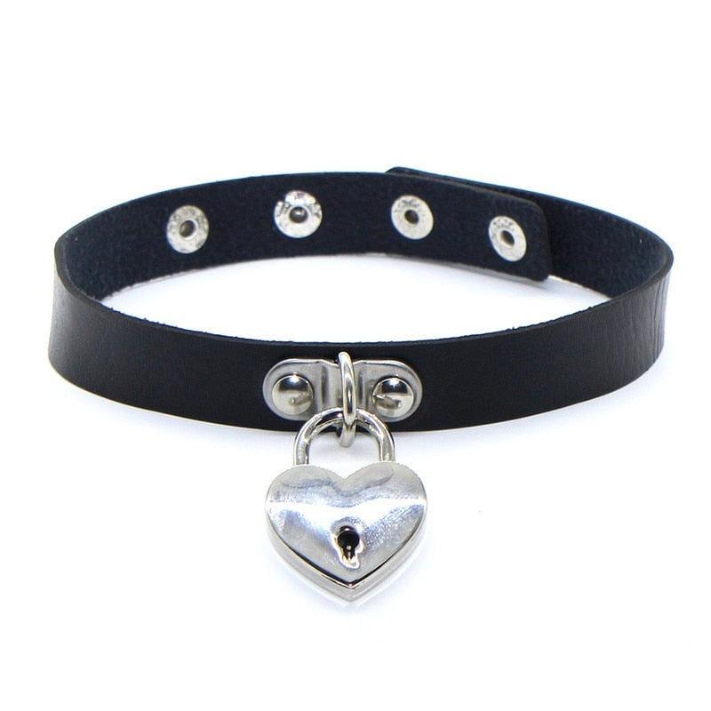 Black Leather Gothic Choker Collection - Lock Key Choker - Femboy Fatale