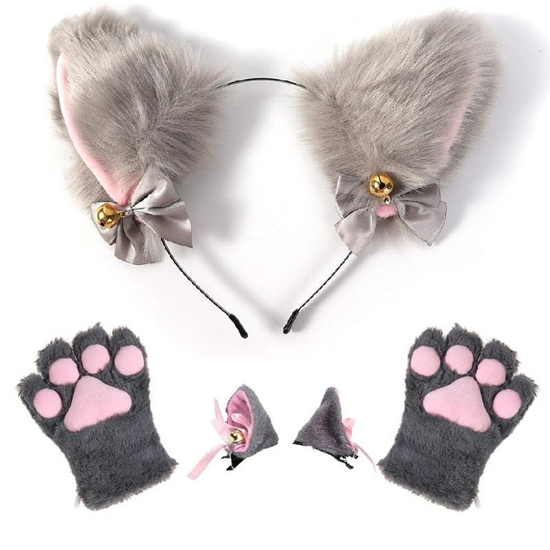 Cat Ears & Gloves Set - Grey Set Headband - Femboy Fatale