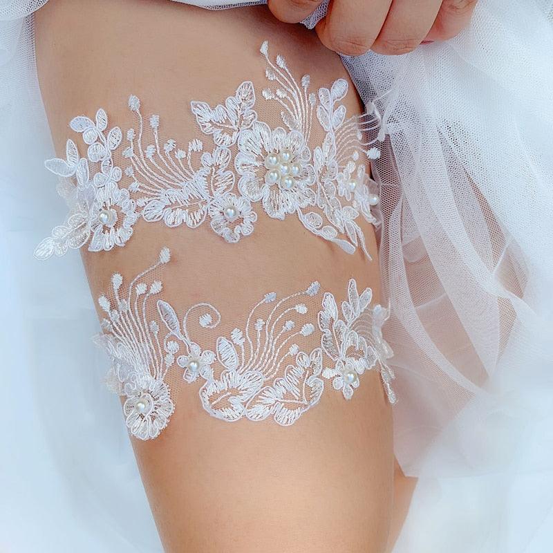 Floral Lace Garters - White Double Garter Garters - Femboy Fatale