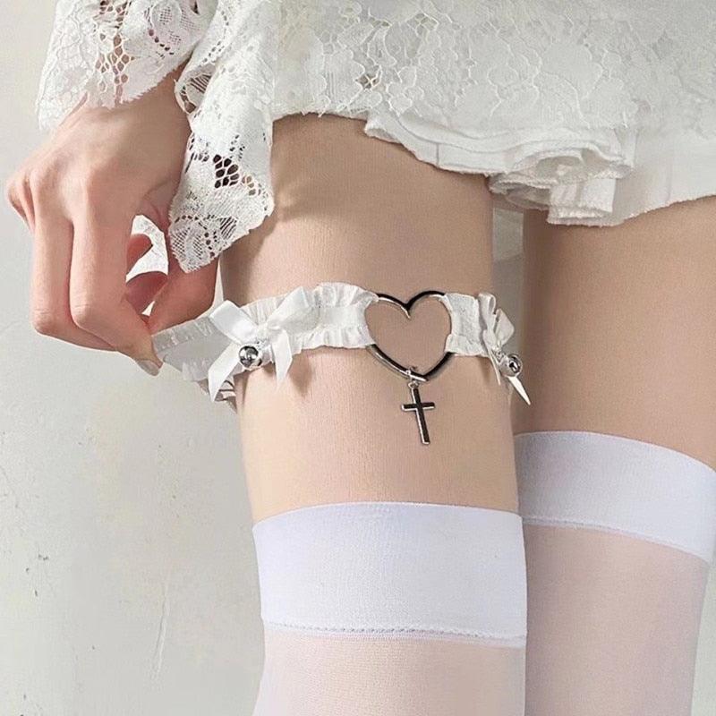 Heart and Cross Lace Garter/Choker with Ribbons - Garters - Femboy Fatale