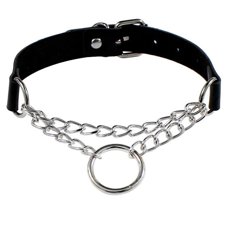 Black Leather Gothic Choker Collection - Chain Round Choker - Femboy Fatale