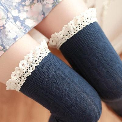 Lace Thigh High Stockings - Navy - Femboy Fatale