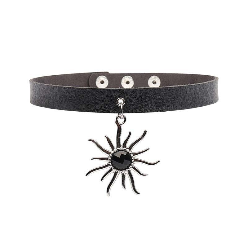 Black Leather Gothic Choker Collection - Sun Choker - Femboy Fatale