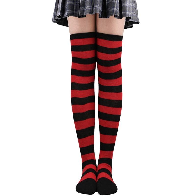 Thick Striped Thigh High Socks - Red & Black Accessory - Femboy Fatale
