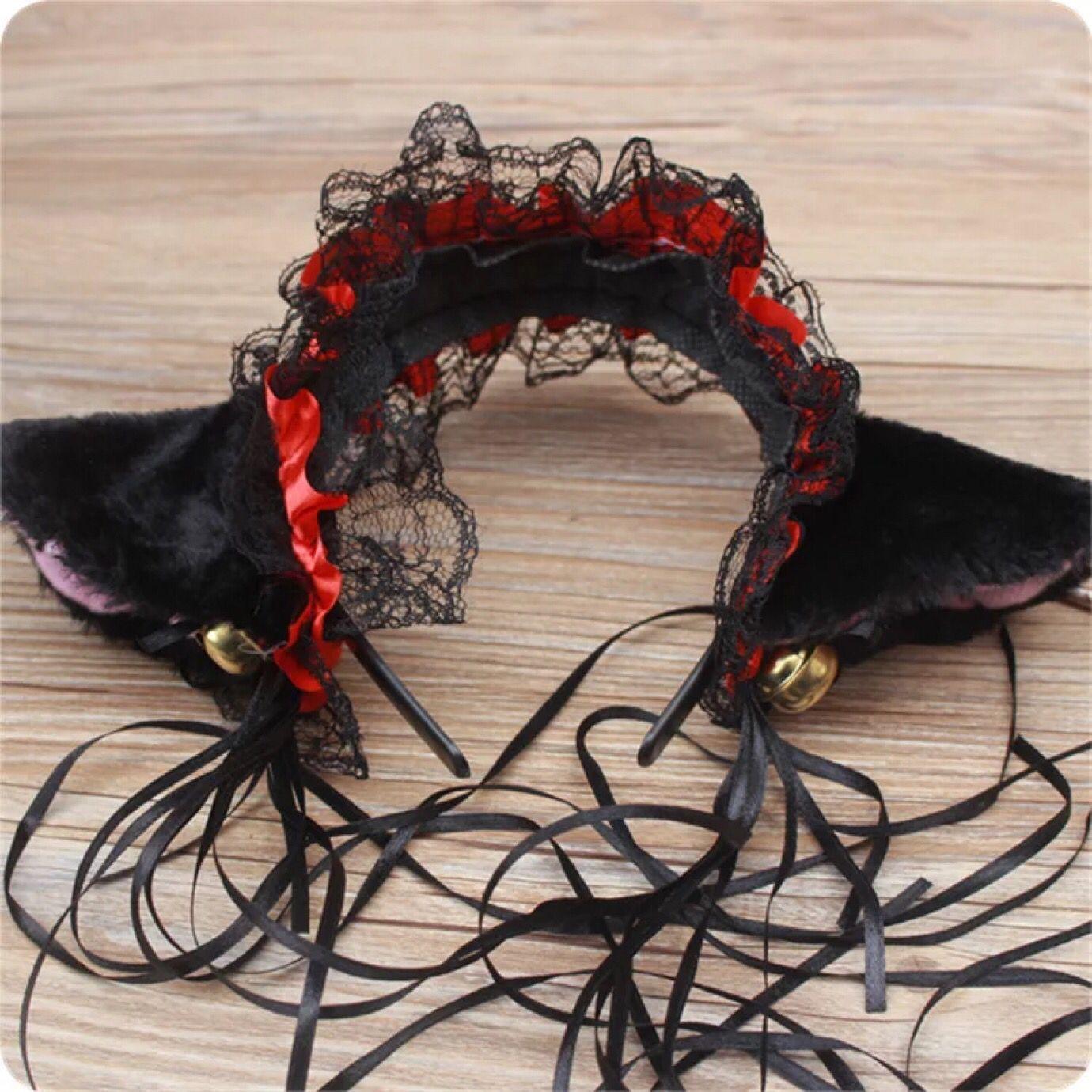 Cat Ears with Lace and Bell - Black with Red Highlight Headband - Femboy Fatale