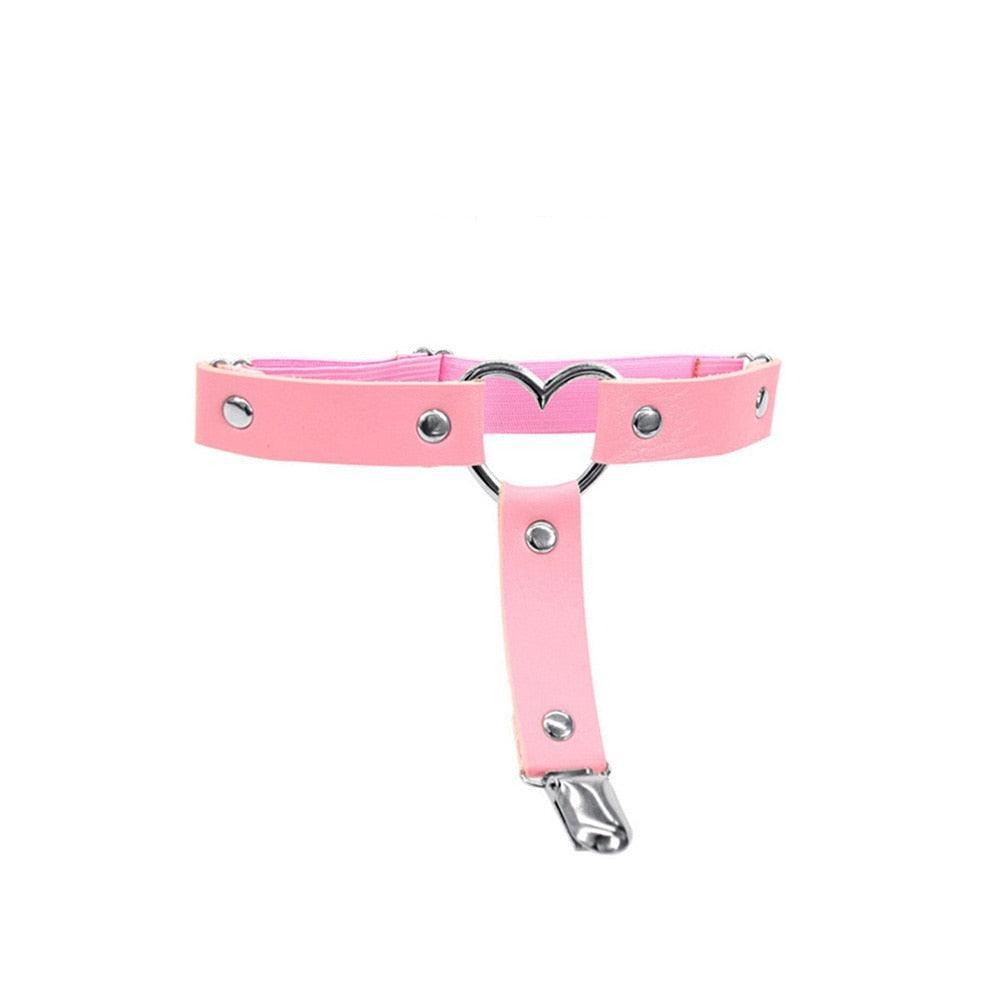Pink Gothic Leather Garter Collection - Heart w/ Clip Garters - Femboy Fatale