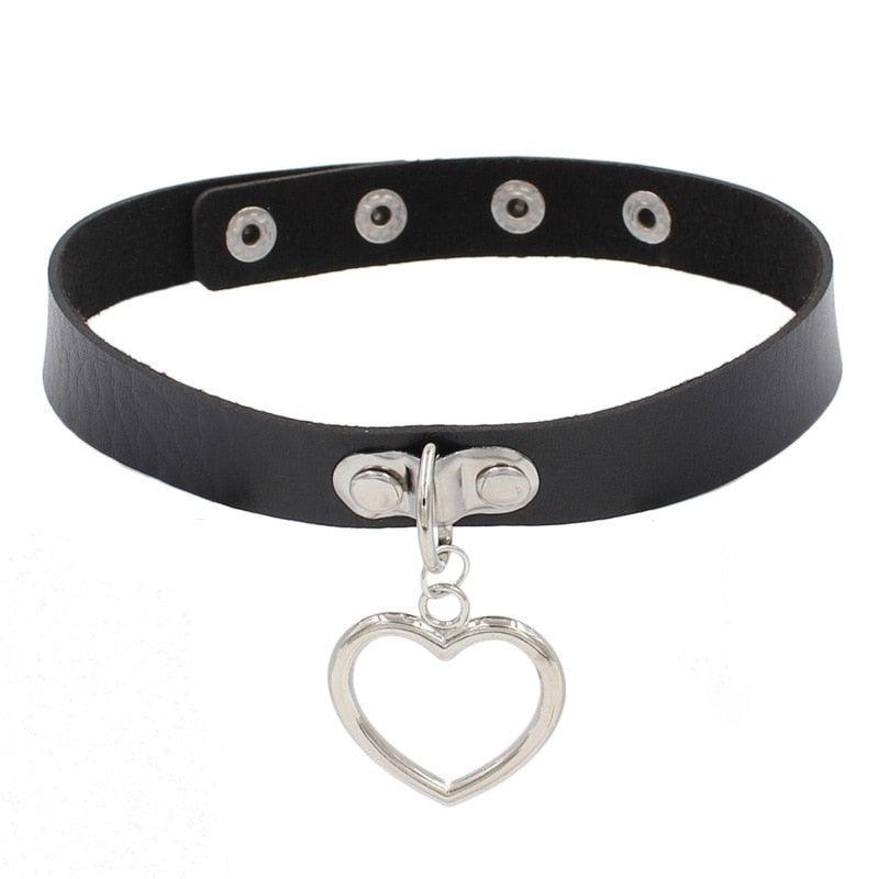 Black Leather Gothic Choker Collection - Hollow Heart Choker - Femboy Fatale