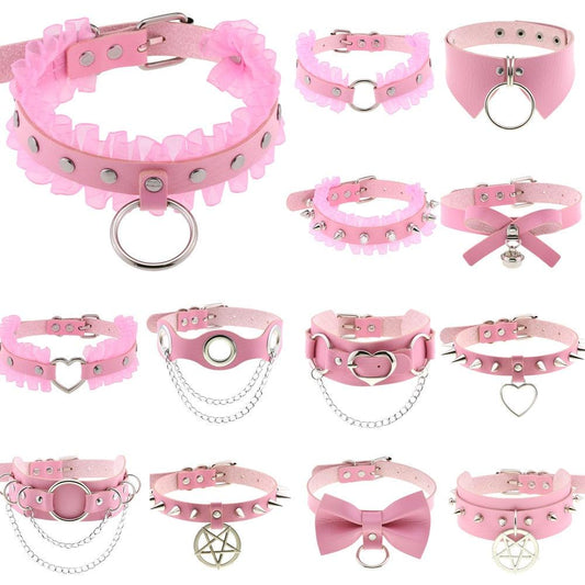 Pink Leather Gothic Choker Collection - Choker - Femboy Fatale