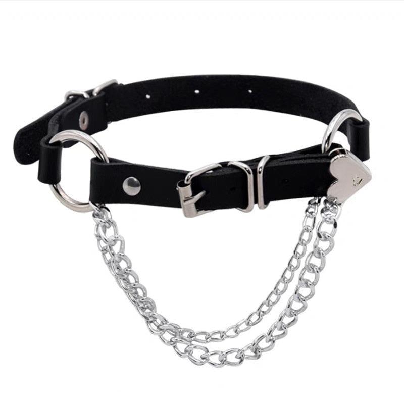 Black Leather Gothic Choker Collection - Heart Chain Choker - Femboy Fatale