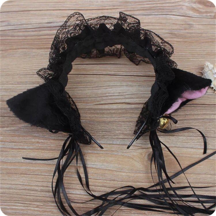 Cat Ears with Lace and Bell - Black Headband - Femboy Fatale