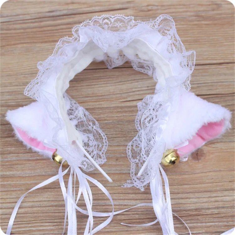 Cat Ears with Lace and Bell - White Headband - Femboy Fatale