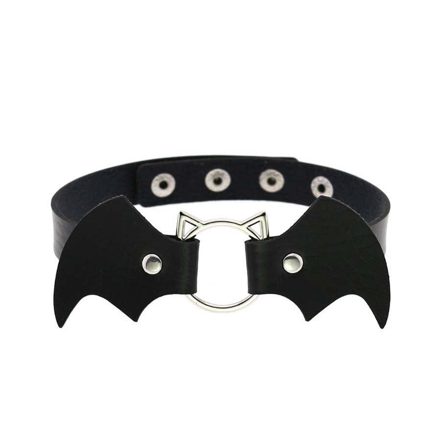 Black Leather Gothic Choker Collection - Cat Bat Choker - Femboy Fatale