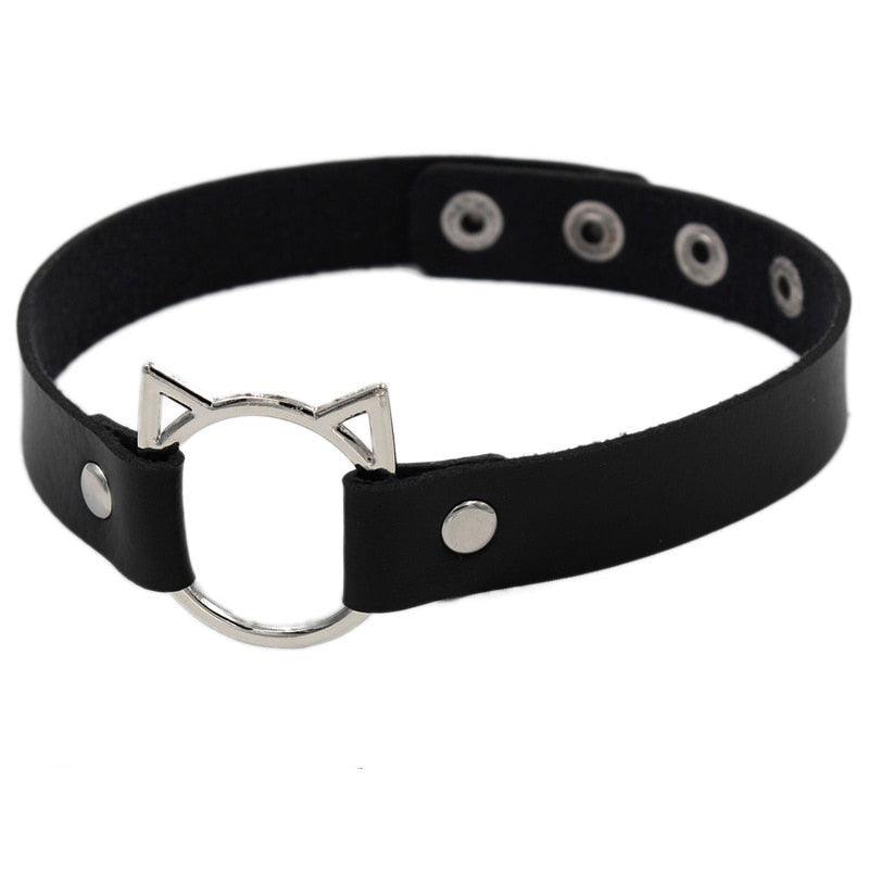 Black Leather Gothic Choker Collection - Cat Choker - Femboy Fatale