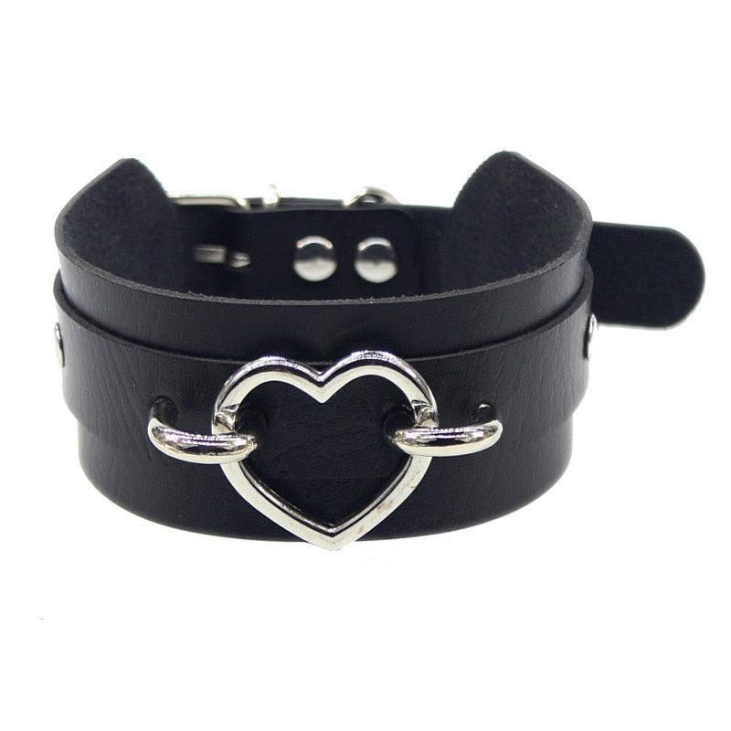 Black Leather Gothic Choker Collection - Heart Lock Choker - Femboy Fatale
