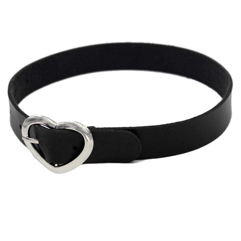 Black Leather Gothic Choker Collection - Belt Heart Choker - Femboy Fatale