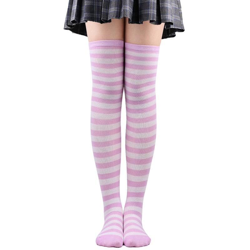 Thin Striped Thigh High Socks - Purple & White Socks - Femboy Fatale