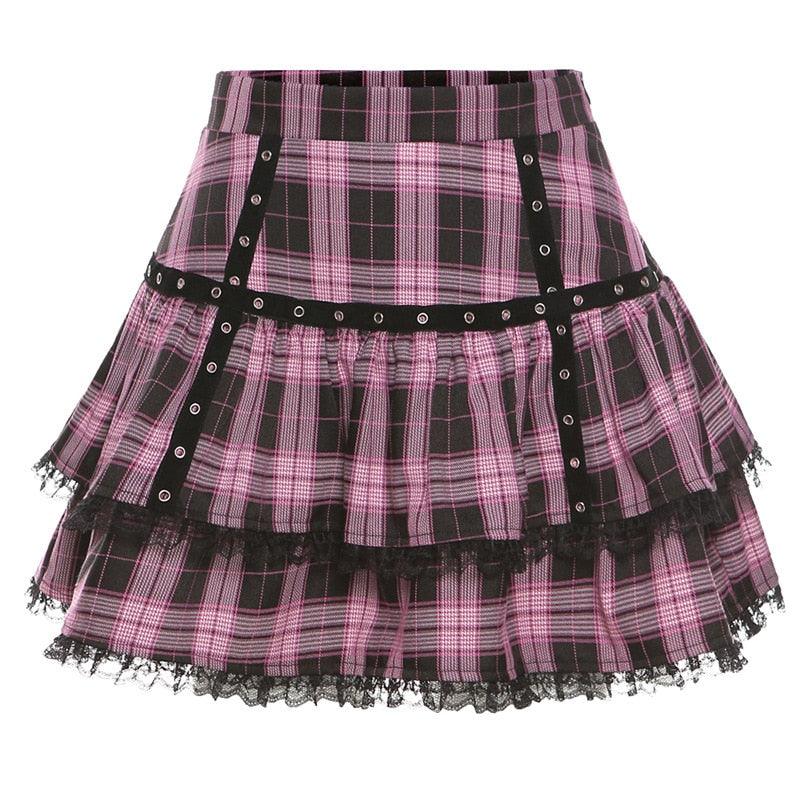Gothic Pink Plaid Skirt - Plaid Pink / XS Skirt - Femboy Fatale