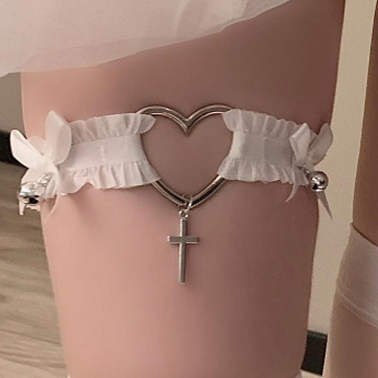 Heart and Cross Lace Garter/Choker with Ribbons - Garters - Femboy Fatale